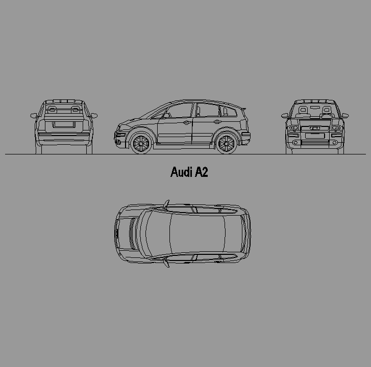 Bloque Autocad Vista de Audi A2 en Alzado, Perfil y Planta
